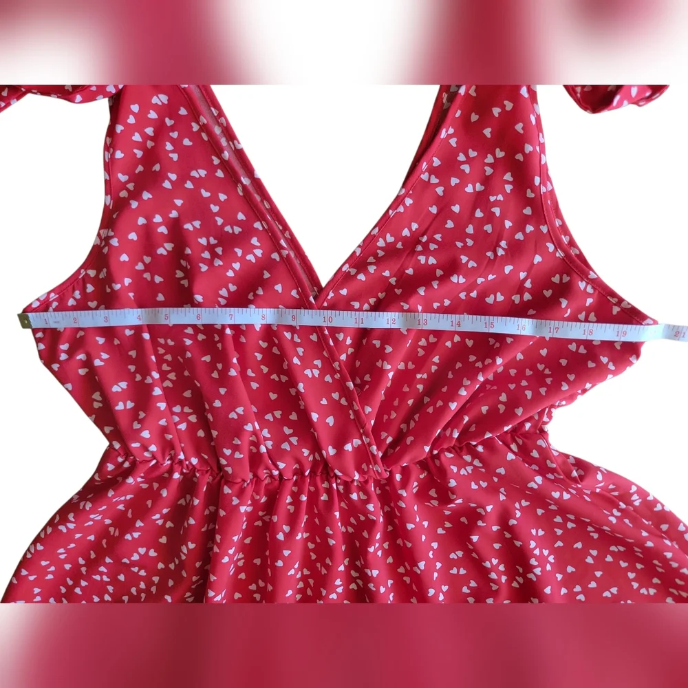 Shein Curve | Plunging Neck Red Dress With Confetti White Hearts - Picture 3 of 9
